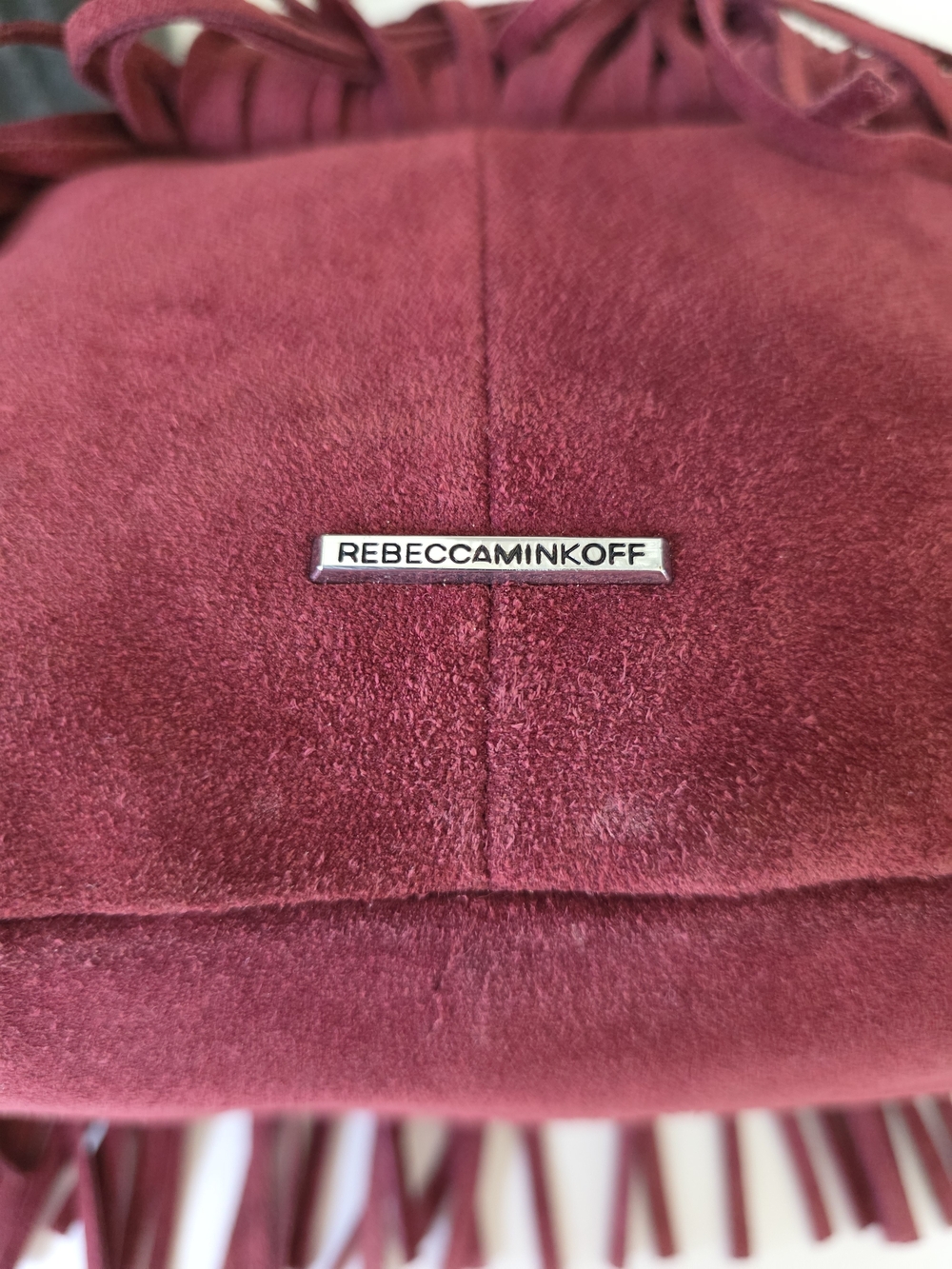 Rebecca Minkoff Fiona Mini Burgandy Suede Fringe Bucket Croasbody Bag - Picture 7 of 11